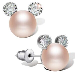 .925 Sterling Silver with Pink Pearl and Cubic Zirconia Mickey Mouse Earrings